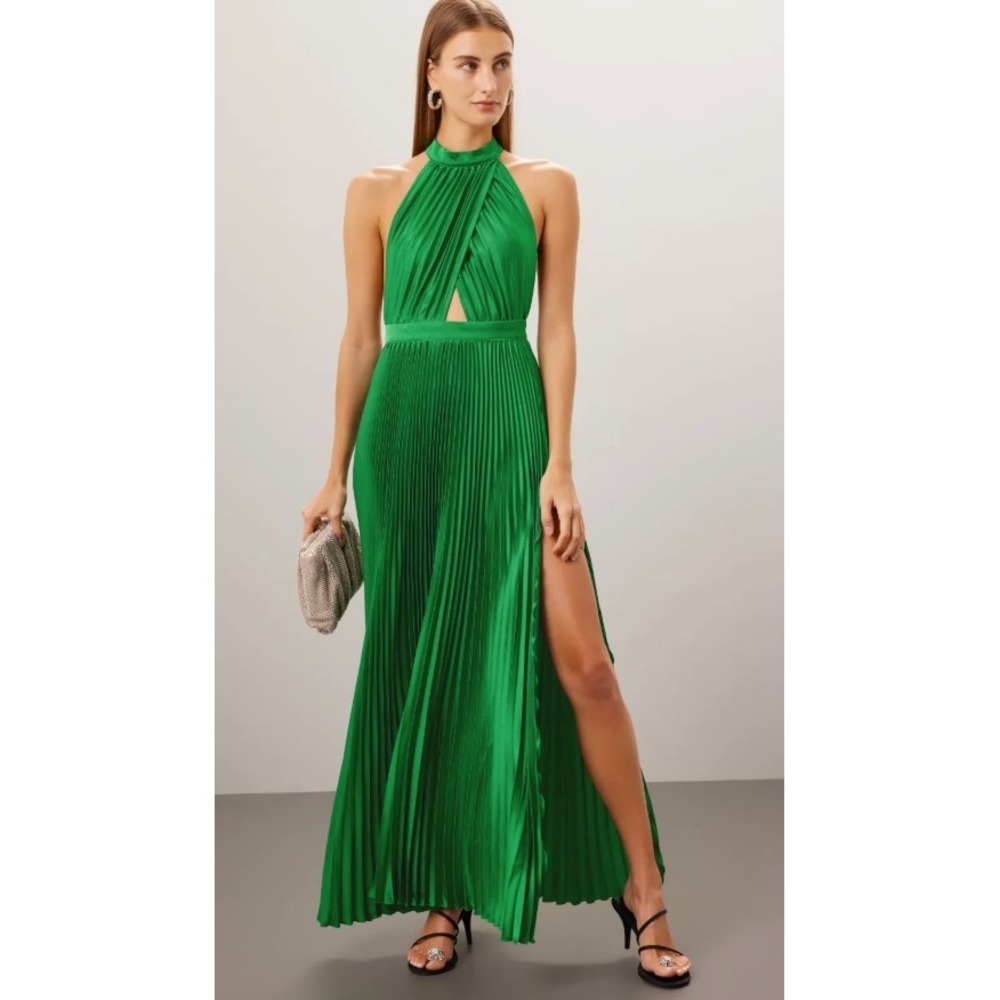 L'IDÉE Renaissance Gown Pleated Halter‎ Maxi Dress Satin Green Size US 6 *READ*